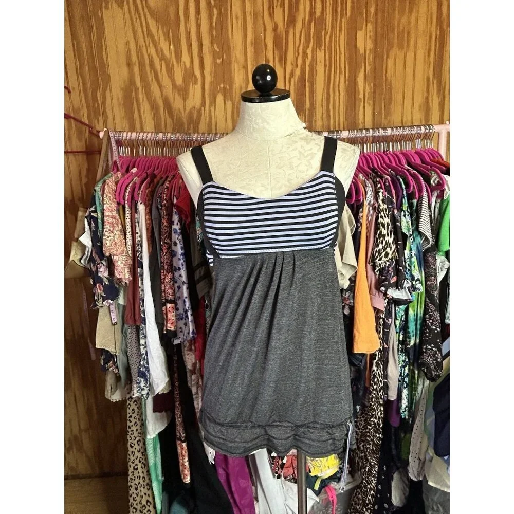 Lululemon Run Back On Track Tank Built in‎ Bra Blue Heathered Gray Drawstring 6